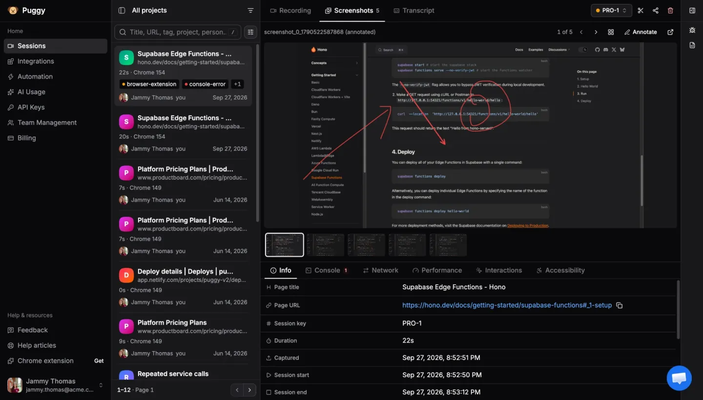 Annotating a screenshot captured during the session