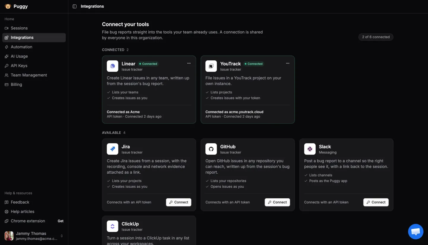 Puggy integrations for Linear, YouTrack, Jira, GitHub, Slack and ClickUp