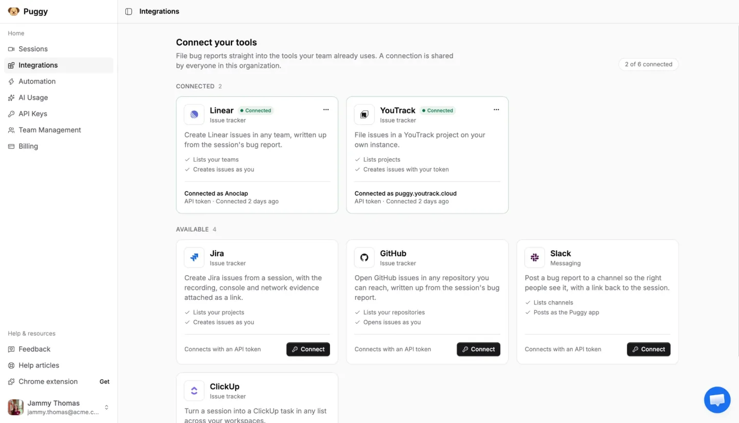Puggy integrations for Linear, YouTrack, Jira, GitHub, Slack and ClickUp
